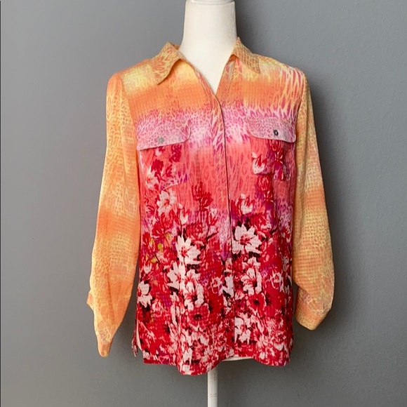 NYCollection Orange Pink Floral Button Down Blouse - Picture 1 of 10